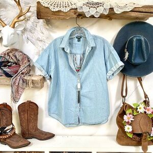 ROOTS boho jean/denim shirt/cover up w prairie Country farmhouse vibe